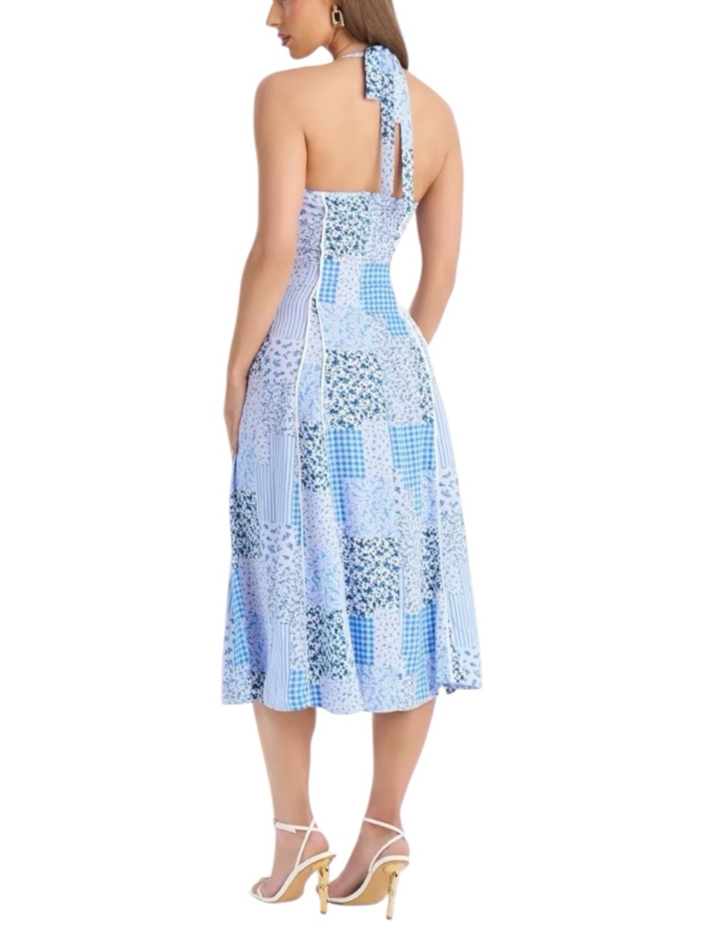 Fashion Nova Light Blue Patchwork Halter Midi Dress - Picture 2 of 5